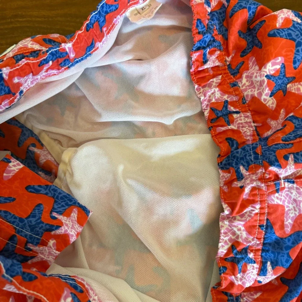Peter Millar‎ Starfish Swim Trunks Mens XL Red Blue Mesh Lined Board Shorts